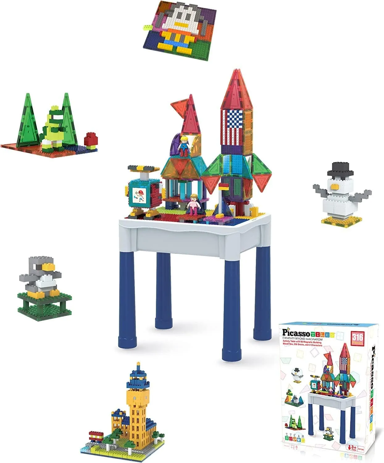 PicassoTiles Double Sided Magnetic Alphabet Board   Activity Play Table, 2-in-1 Letter Writing Reading 12x10 inch Magnet Playboard, 316pcs Magnetic Brick and Building Block Action Figures Water Sand