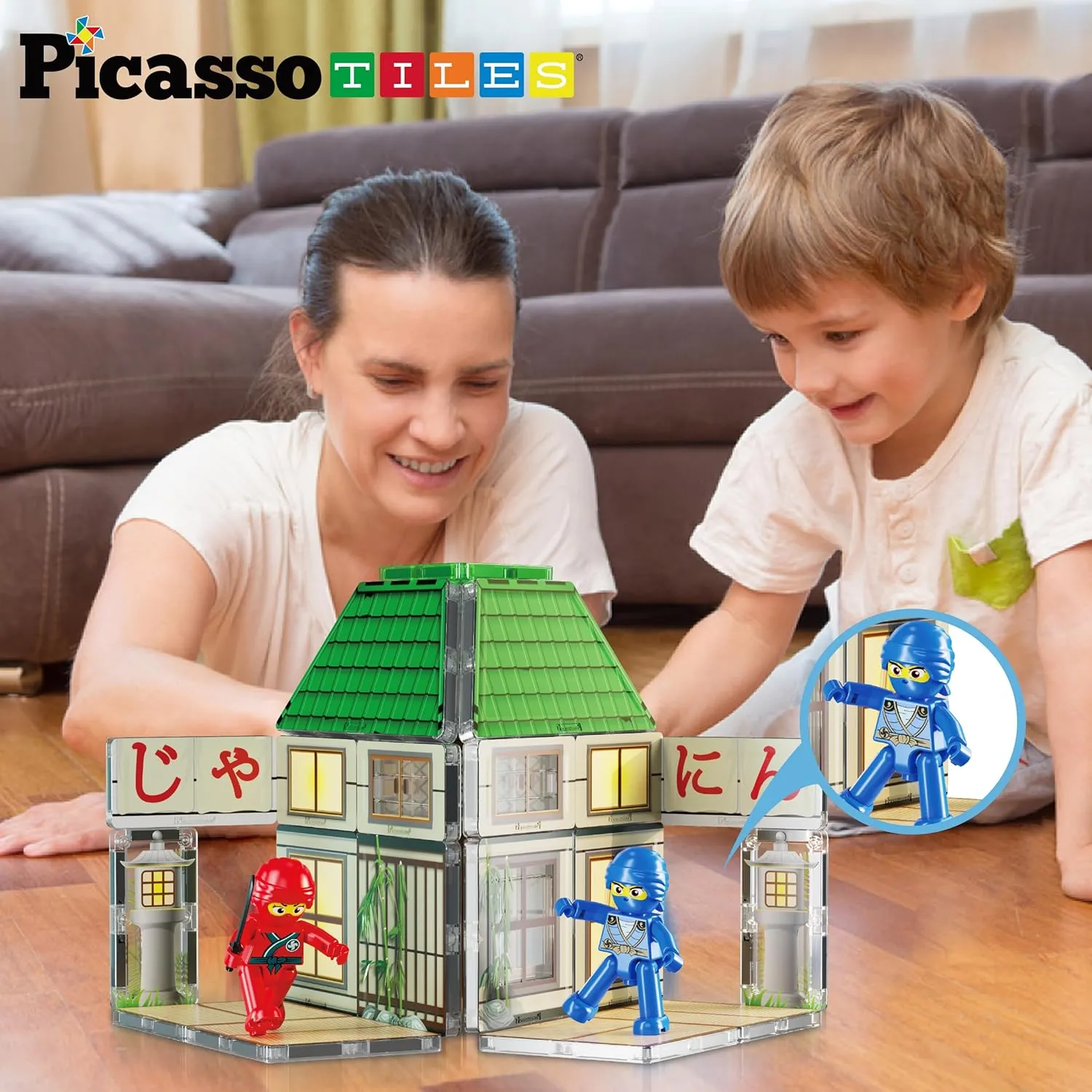 PicassoTiles Magnet Tile Building Blocks Ninja Dojo House Theme STEM Playset with 4 Character Action Figure Ninjas Weapon Accessories Magnetic Tiles Educational Toy Pretend Play Toddlers Ages 3  PTQ07