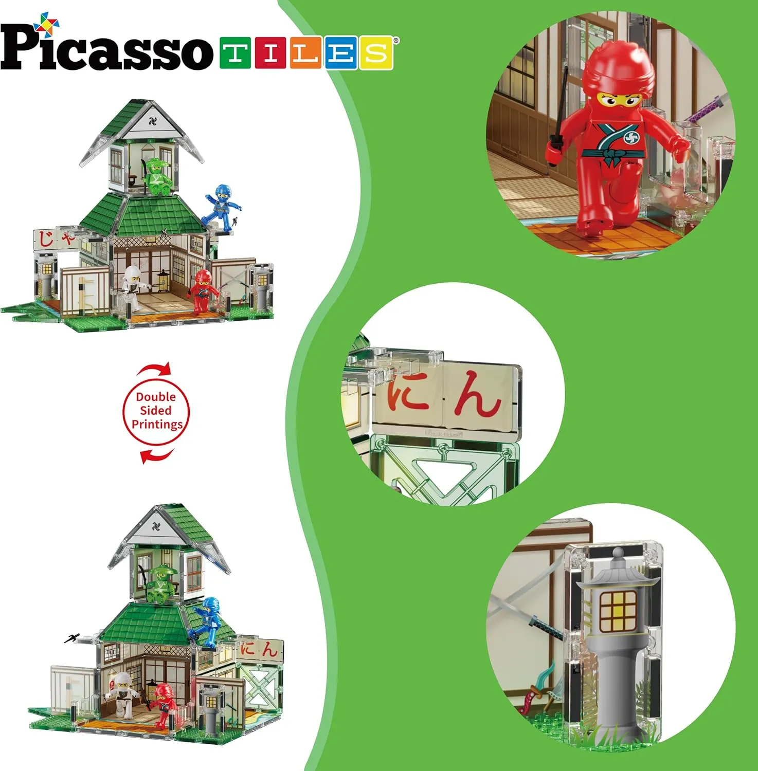 PicassoTiles Magnet Tile Building Blocks Ninja Dojo House Theme STEM Playset with 4 Character Action Figure Ninjas Weapon Accessories Magnetic Tiles Educational Toy Pretend Play Toddlers Ages 3  PTQ07