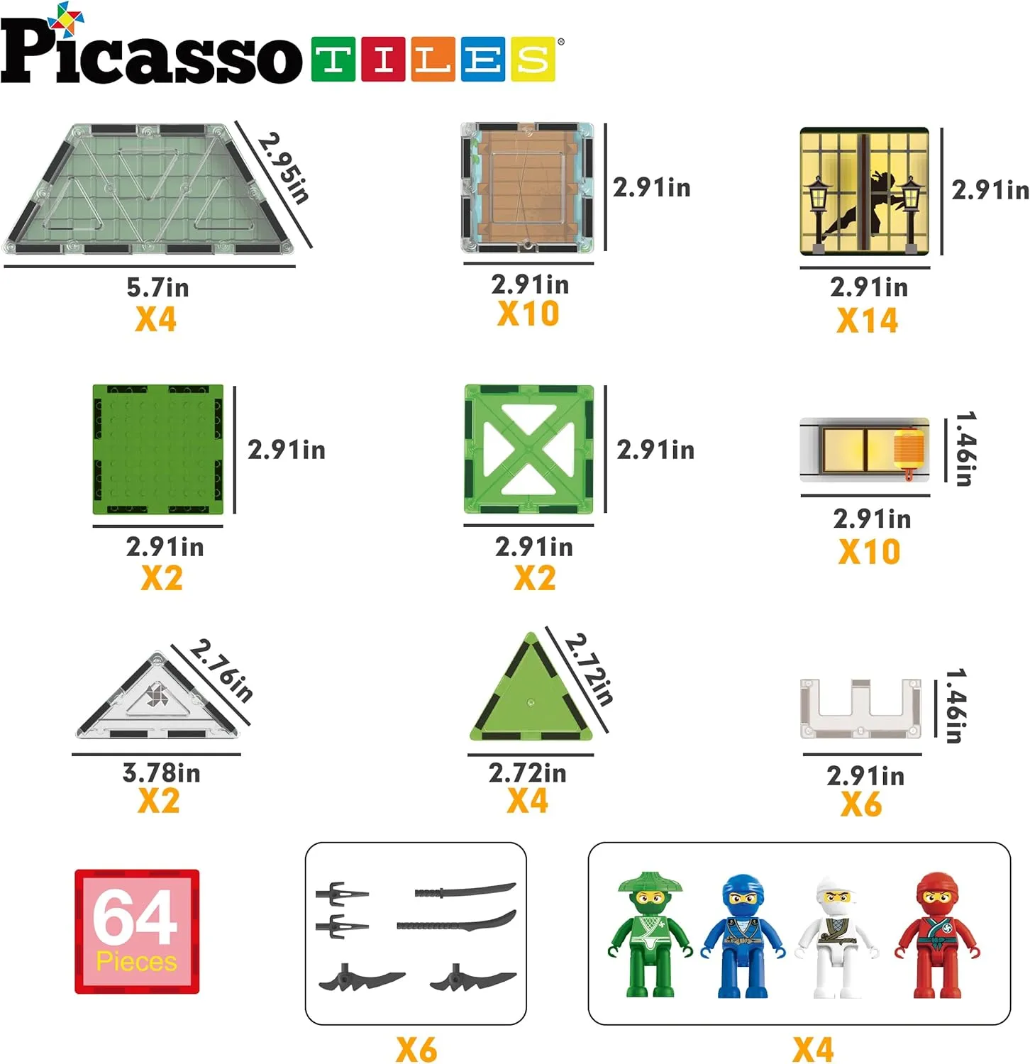 PicassoTiles Magnet Tile Building Blocks Ninja Dojo House Theme STEM Playset with 4 Character Action Figure Ninjas Weapon Accessories Magnetic Tiles Educational Toy Pretend Play Toddlers Ages 3  PTQ07