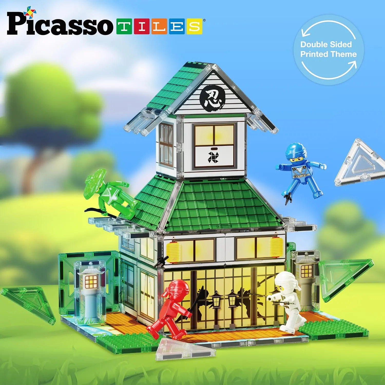 PicassoTiles Magnet Tile Building Blocks Ninja Dojo House Theme STEM Playset with 4 Character Action Figure Ninjas Weapon Accessories Magnetic Tiles Educational Toy Pretend Play Toddlers Ages 3  PTQ07