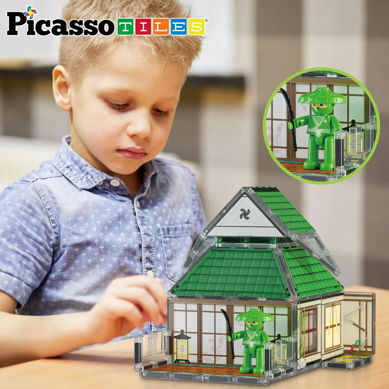 PicassoTiles Magnet Tile Building Blocks Ninja Dojo House Theme STEM Playset with 4 Character Action Figure Ninjas Weapon Accessories Magnetic Tiles Educational Toy Pretend Play Toddlers Ages 3  PTQ07
