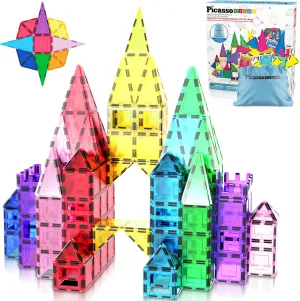 PicassoTiles Magnet Tile Building Blocks with Car Base Drawstring Storage Travel Bag Carry Case Magnetic Tiles Construction Toy STEM Learning Educational Kit Sensory Playset Preschool Kids 3  PC61