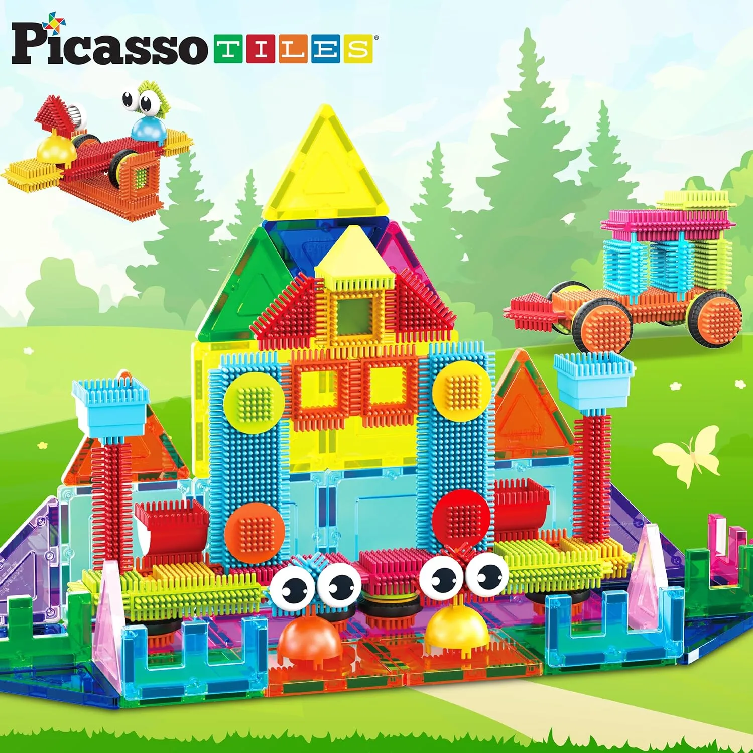 PicassoTiles Magnetic Tiles & Hedgehog 2-in1 Interlocking Brush Connector Magnet Building Blocks Construction Set Learning Playset STEM Toys Development Preschool Education Toy Toddler Age 3 Up PTE21