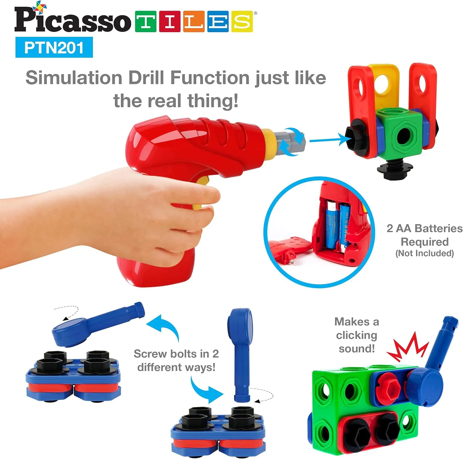 PicassoTiles STEM Learning Toys 201 Piece Building Block Kids Construction Engineering Kit Toy Blocks Children Early Education Playset w/Free IdeaBook, Power Drill, Clickable Ratchet, Age 3  PTN201