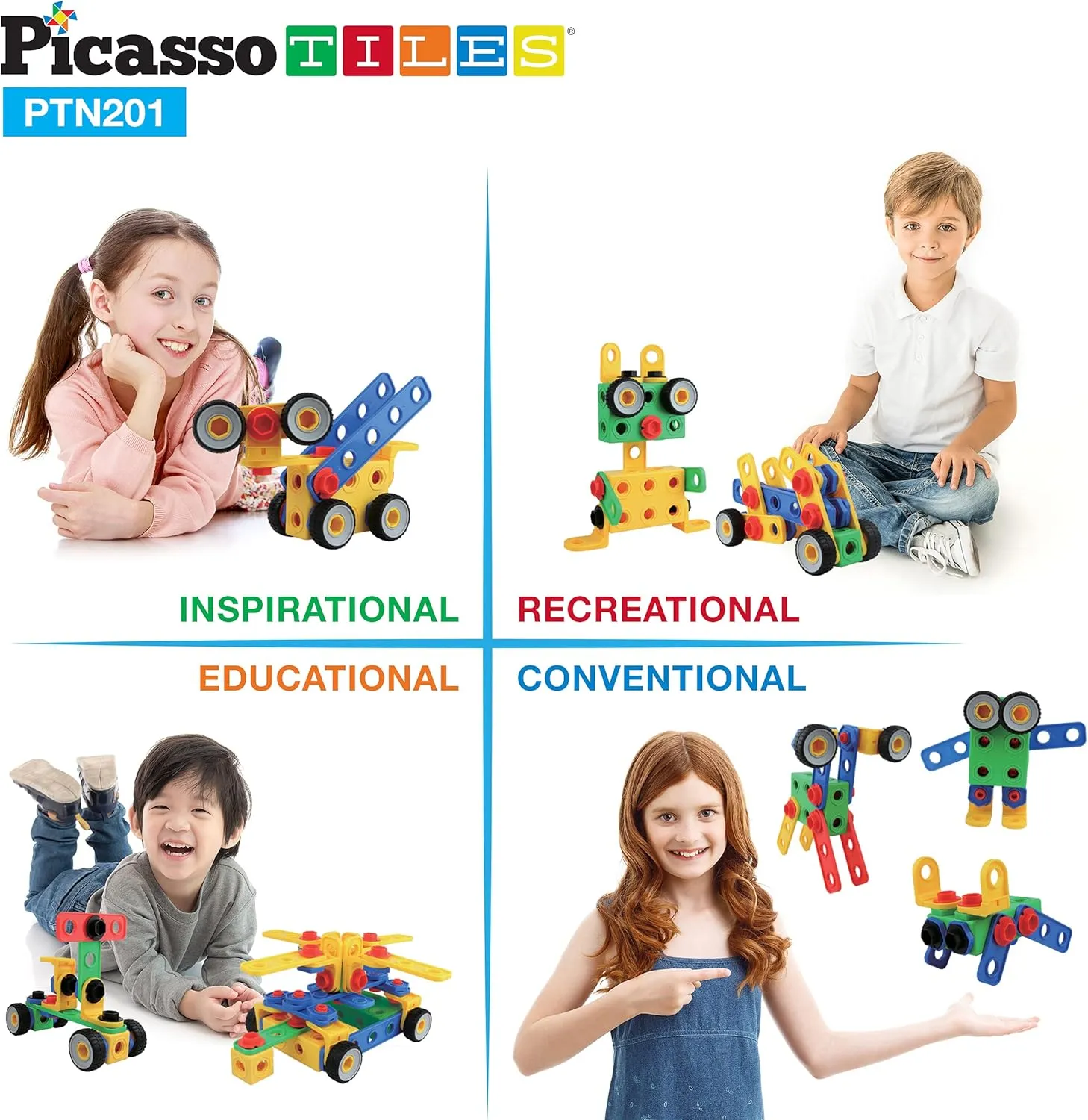 PicassoTiles STEM Learning Toys 201 Piece Building Block Kids Construction Engineering Kit Toy Blocks Children Early Education Playset w/Free IdeaBook, Power Drill, Clickable Ratchet, Age 3  PTN201