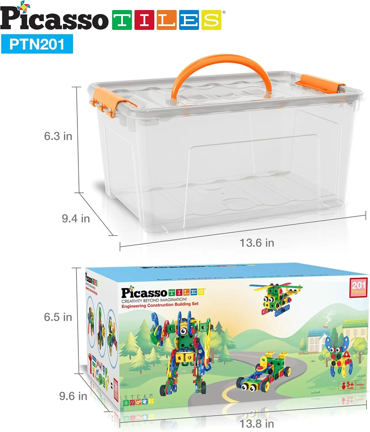 PicassoTiles STEM Learning Toys 201 Piece Building Block Kids Construction Engineering Kit Toy Blocks Children Early Education Playset w/Free IdeaBook, Power Drill, Clickable Ratchet, Age 3  PTN201