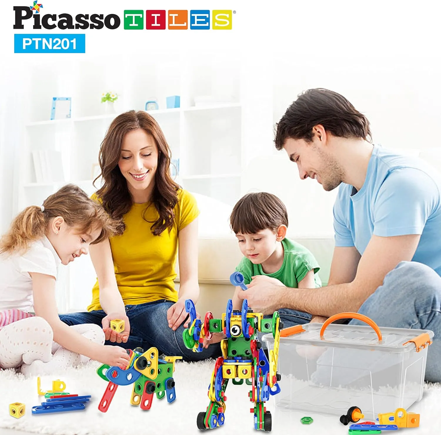 PicassoTiles STEM Learning Toys 201 Piece Building Block Kids Construction Engineering Kit Toy Blocks Children Early Education Playset w/Free IdeaBook, Power Drill, Clickable Ratchet, Age 3  PTN201