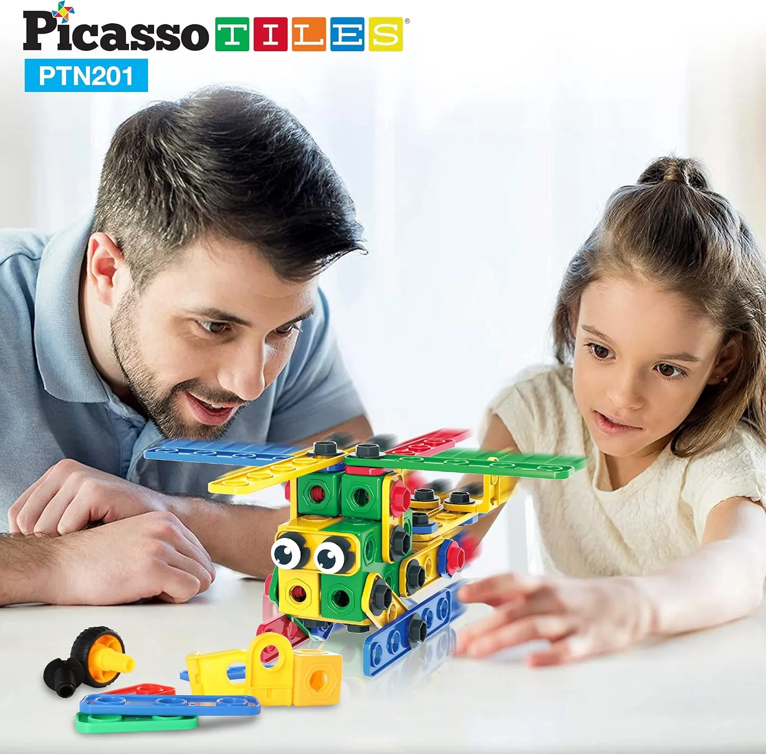 PicassoTiles STEM Learning Toys 201 Piece Building Block Kids Construction Engineering Kit Toy Blocks Children Early Education Playset w/Free IdeaBook, Power Drill, Clickable Ratchet, Age 3  PTN201