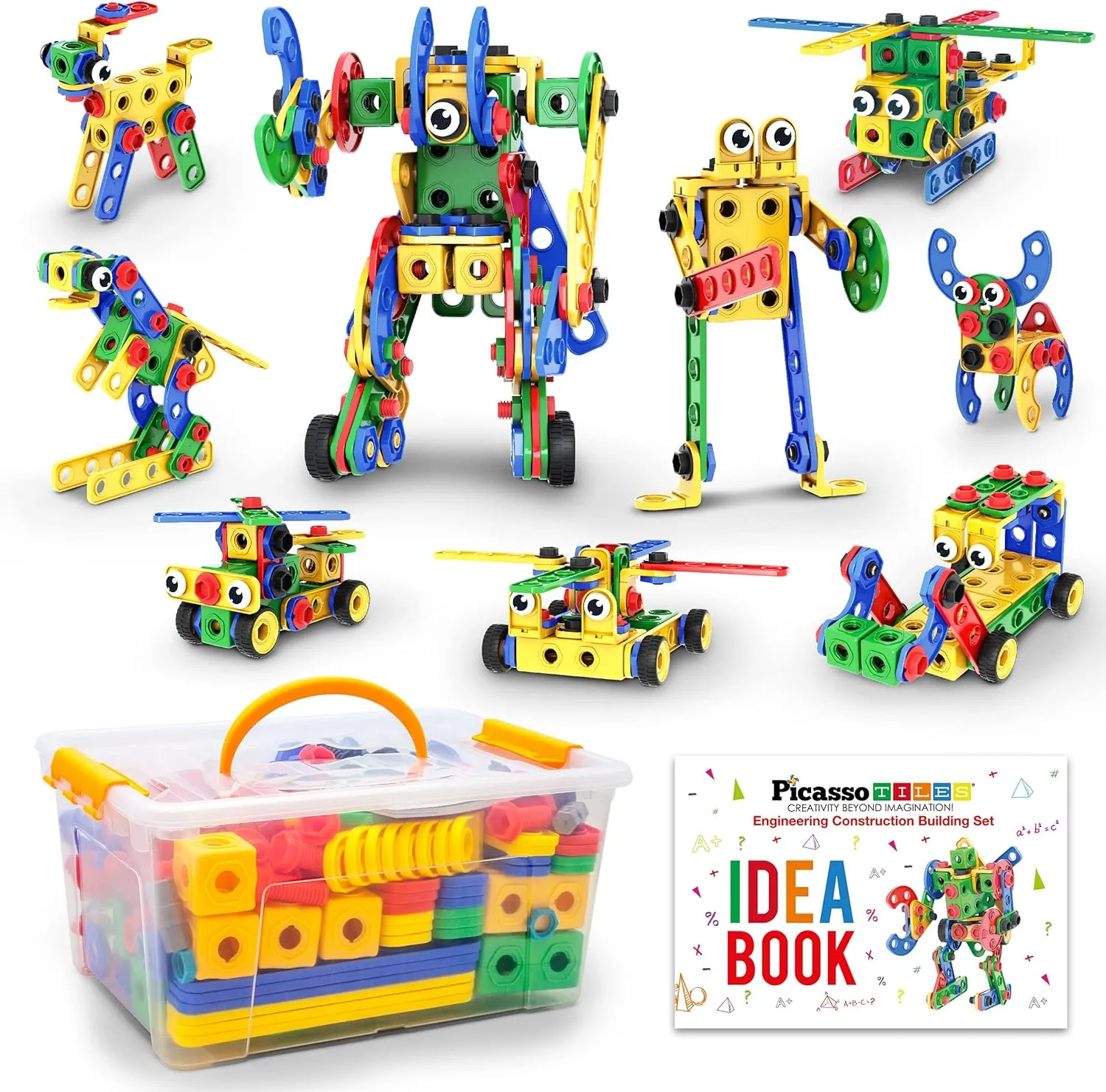PicassoTiles STEM Learning Toys 201 Piece Building Block Kids Construction Engineering Kit Toy Blocks Children Early Education Playset w/Free IdeaBook, Power Drill, Clickable Ratchet, Age 3  PTN201