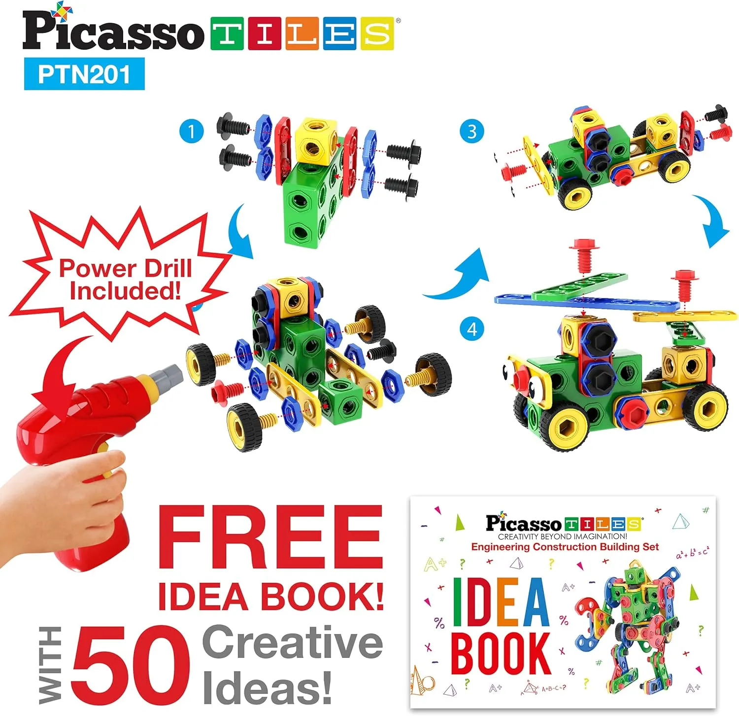 PicassoTiles STEM Learning Toys 201 Piece Building Block Kids Construction Engineering Kit Toy Blocks Children Early Education Playset w/Free IdeaBook, Power Drill, Clickable Ratchet, Age 3  PTN201