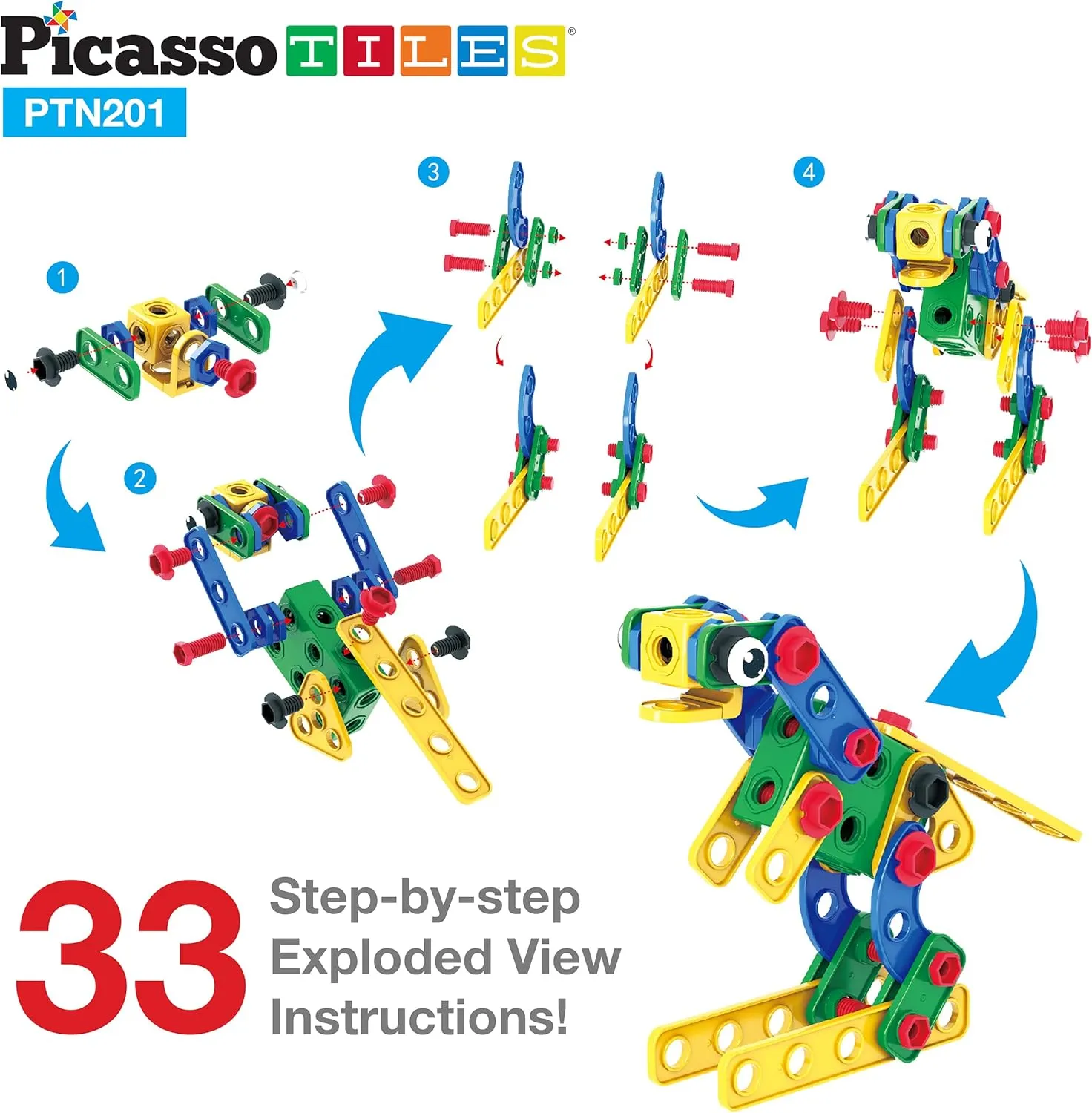 PicassoTiles STEM Learning Toys 201 Piece Building Block Kids Construction Engineering Kit Toy Blocks Children Early Education Playset w/Free IdeaBook, Power Drill, Clickable Ratchet, Age 3  PTN201