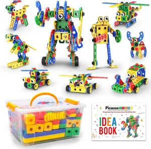 PicassoTiles STEM Learning Toys 201 Piece Building Block Kids Construction Engineering Kit Toy Blocks Children Early Education Playset w/Free IdeaBook, Power Drill, Clickable Ratchet, Age 3  PTN201