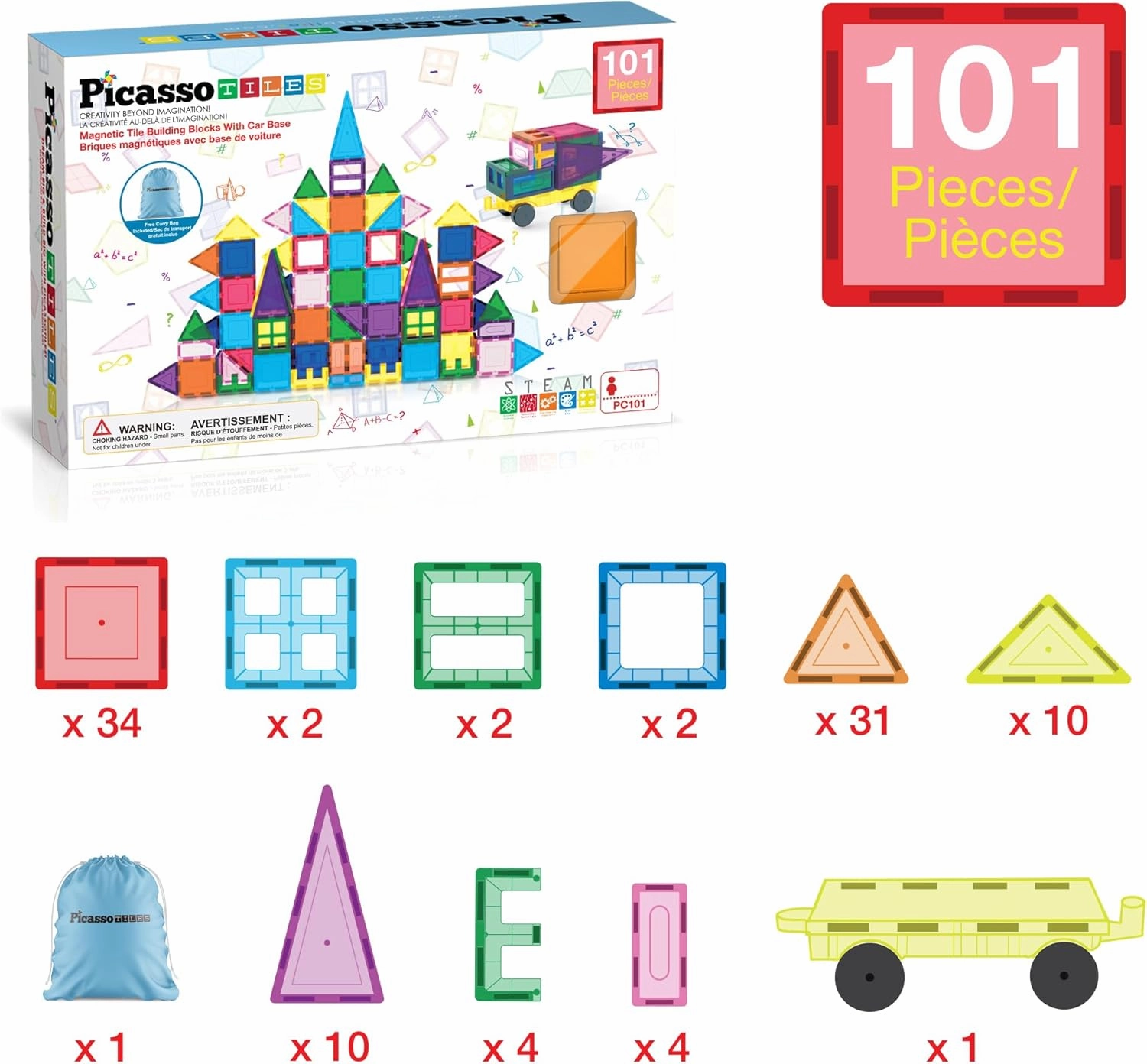 PicassoTiles 101pc Magnetic Tile Building Blocks with Car Base Drawstring Carry Toy Storage Bag Magnetized Block for Kids Magnet ToySet Educational STEM Learning Child Brain Development Ages 3  PC101