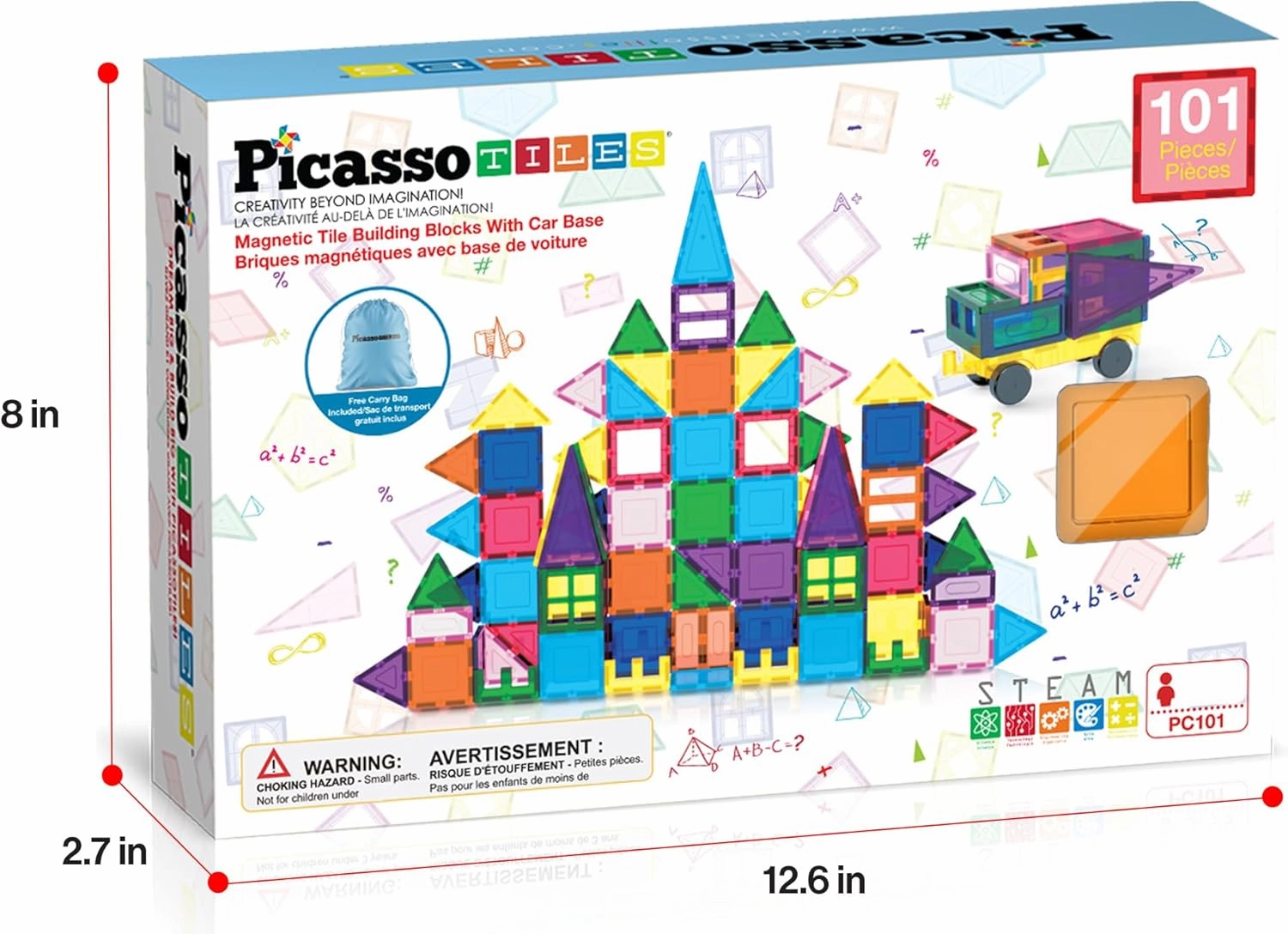 PicassoTiles 101pc Magnetic Tile Building Blocks with Car Base Drawstring Carry Toy Storage Bag Magnetized Block for Kids Magnet ToySet Educational STEM Learning Child Brain Development Ages 3  PC101