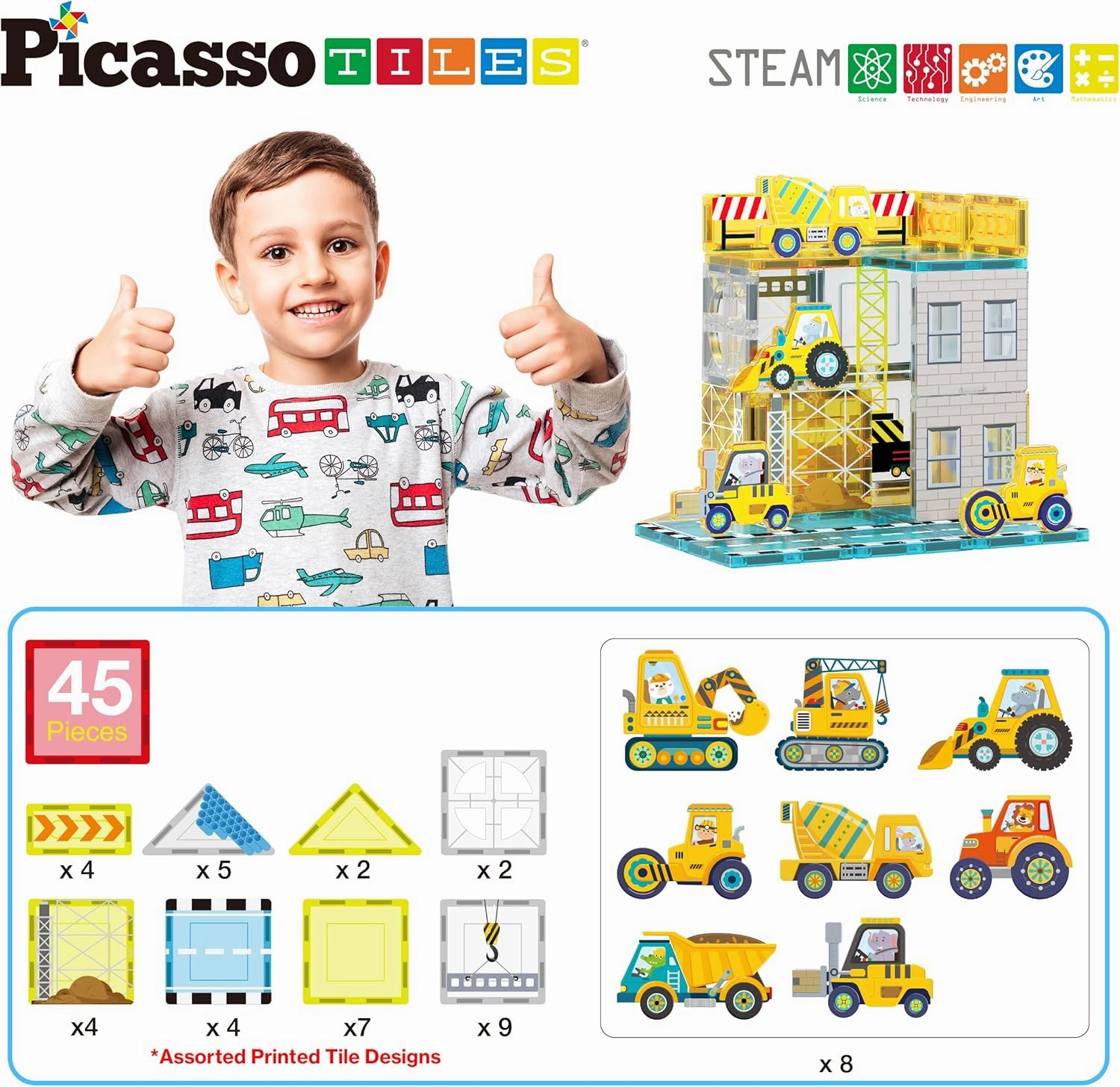 PicassoTiles Magnet Tiles Magnetic Building Blocks with 8 Construction Vehicles Crank Truck Excavator Bulldozer Road Roller Concrete Mixer Tractor Dump Truck Forklift Toys Learning Kids Ages 3  PTQ11