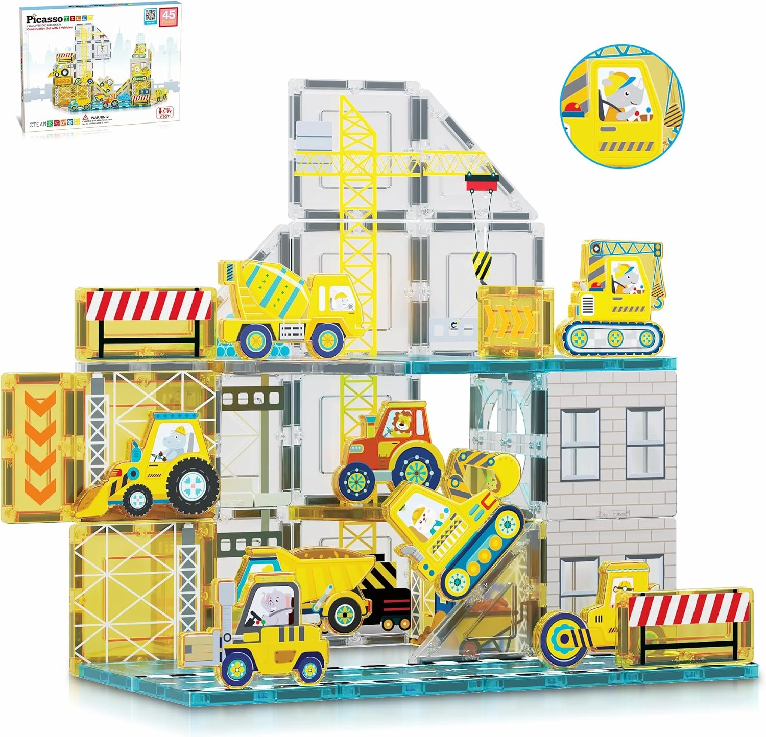 PicassoTiles Magnet Tiles Magnetic Building Blocks with 8 Construction Vehicles Crank Truck Excavator Bulldozer Road Roller Concrete Mixer Tractor Dump Truck Forklift Toys Learning Kids Ages 3  PTQ11