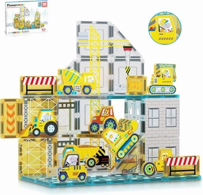 PicassoTiles Magnet Tiles Magnetic Building Blocks with 8 Construction Vehicles Crank Truck Excavator Bulldozer Road Roller Concrete Mixer Tractor Dump Truck Forklift Toys Learning Kids Ages 3  PTQ11