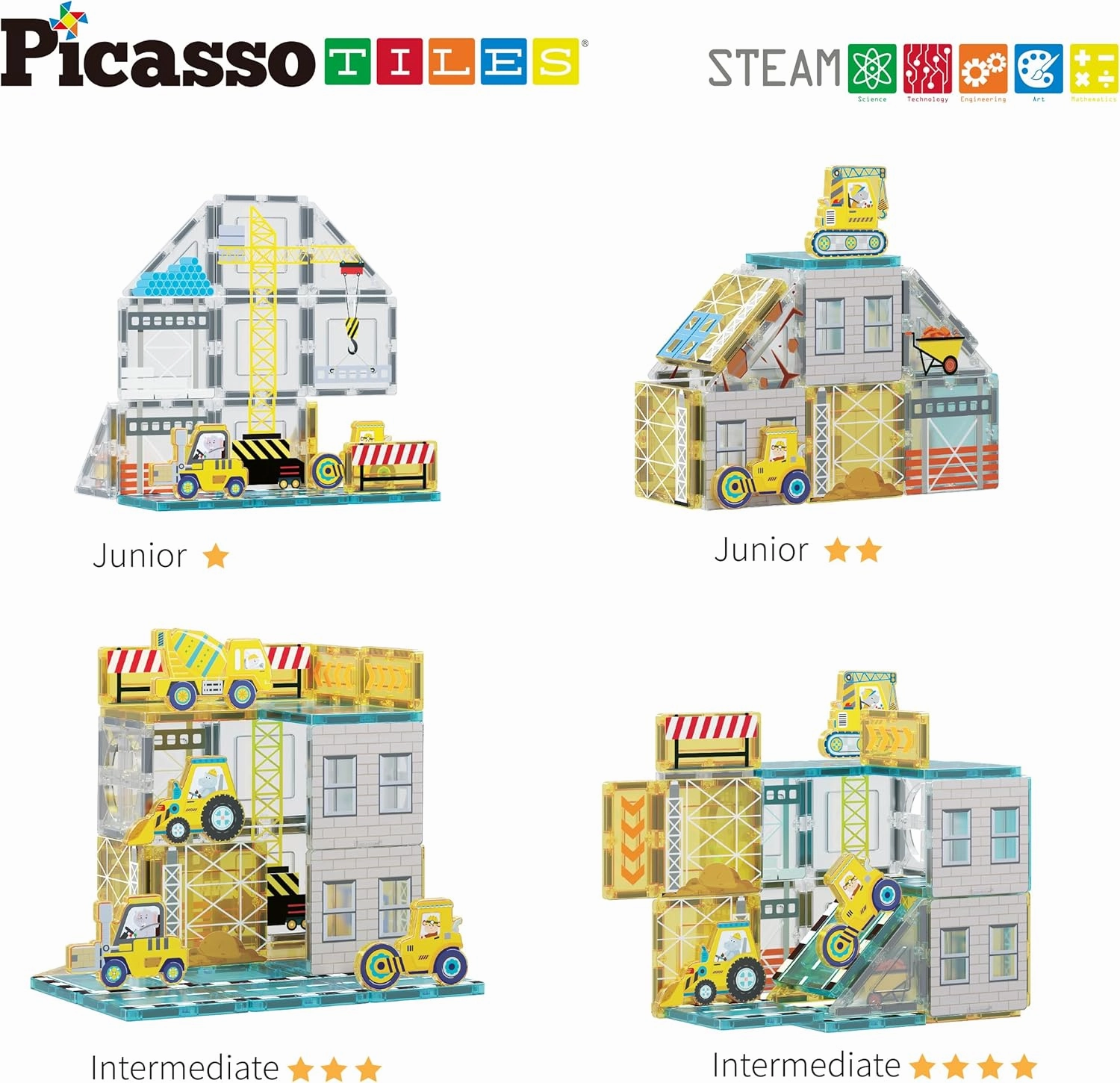 PicassoTiles Magnet Tiles Magnetic Building Blocks with 8 Construction Vehicles Crank Truck Excavator Bulldozer Road Roller Concrete Mixer Tractor Dump Truck Forklift Toys Learning Kids Ages 3  PTQ11