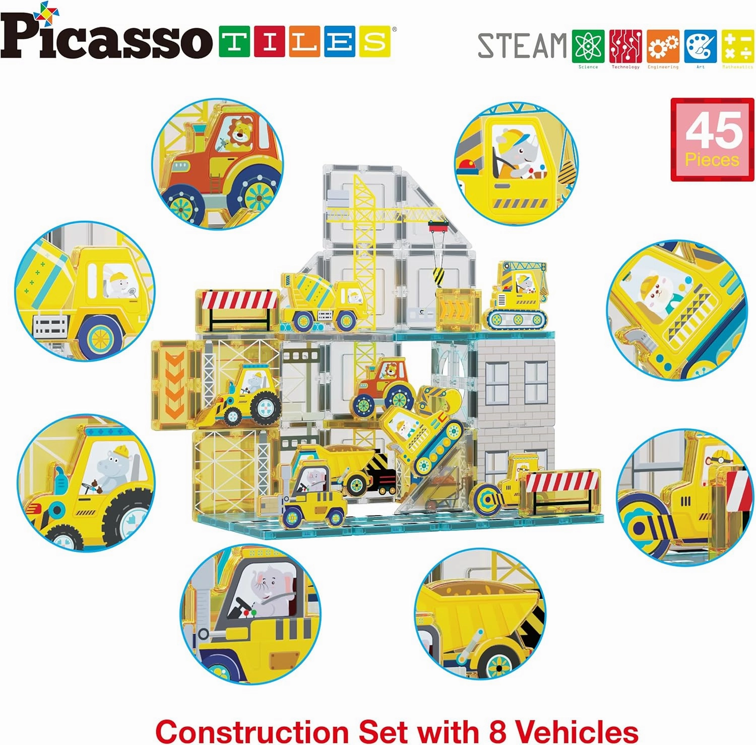 PicassoTiles Magnet Tiles Magnetic Building Blocks with 8 Construction Vehicles Crank Truck Excavator Bulldozer Road Roller Concrete Mixer Tractor Dump Truck Forklift Toys Learning Kids Ages 3  PTQ11