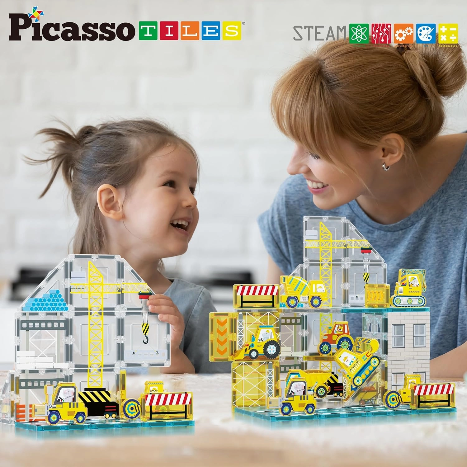 PicassoTiles Magnet Tiles Magnetic Building Blocks with 8 Construction Vehicles Crank Truck Excavator Bulldozer Road Roller Concrete Mixer Tractor Dump Truck Forklift Toys Learning Kids Ages 3  PTQ11