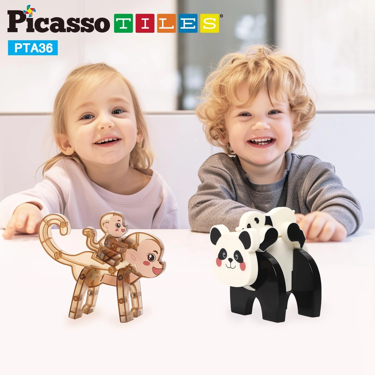 PicassoTiles Magnetic Build a Panda & Monkey Set Magnet Tile Blocks Add-on Expansion Pack, with Panda, Cub, Monkey & Baby Monkey Preschool Learning Educational Toddler Sensory Pretend Play Toy Ages 3 