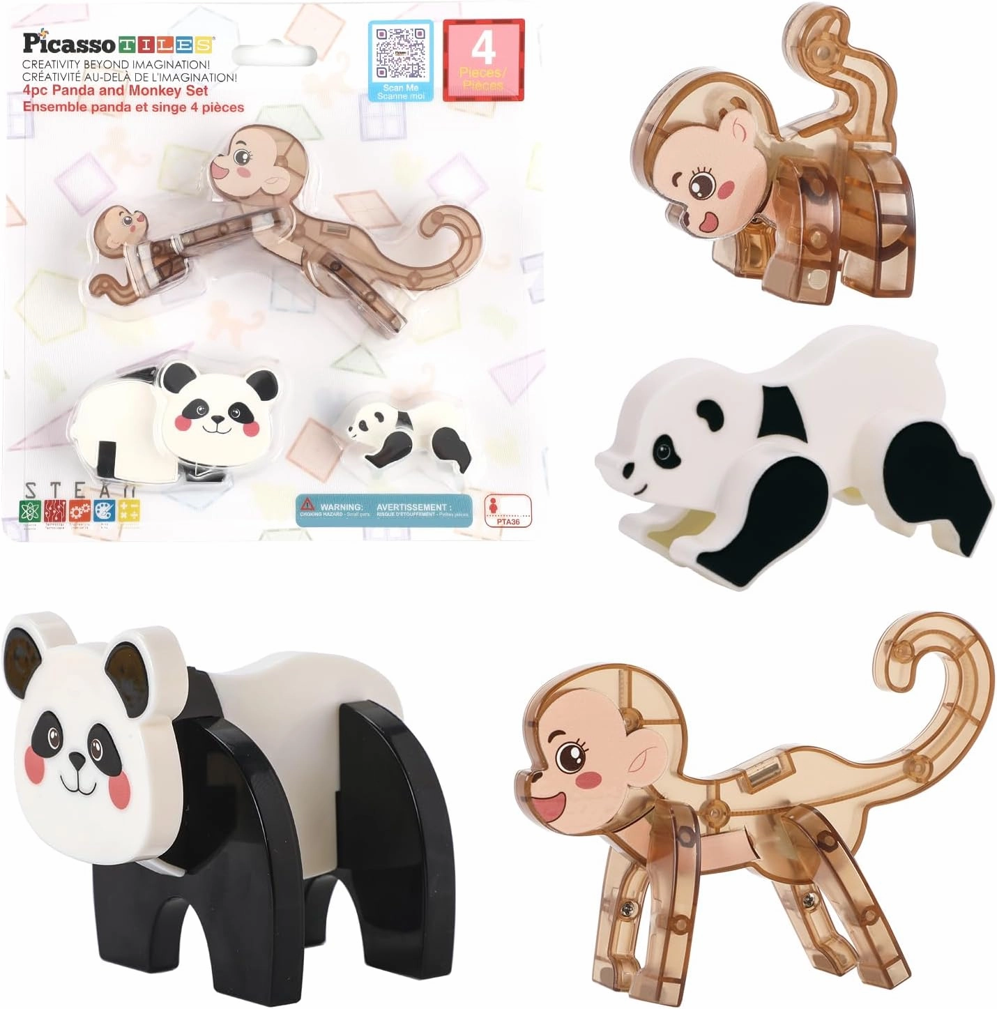 PicassoTiles Magnetic Build a Panda & Monkey Set Magnet Tile Blocks Add-on Expansion Pack, with Panda, Cub, Monkey & Baby Monkey Preschool Learning Educational Toddler Sensory Pretend Play Toy Ages 3 
