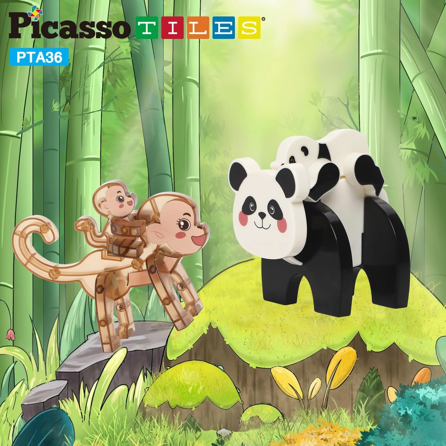 PicassoTiles Magnetic Build a Panda & Monkey Set Magnet Tile Blocks Add-on Expansion Pack, with Panda, Cub, Monkey & Baby Monkey Preschool Learning Educational Toddler Sensory Pretend Play Toy Ages 3 