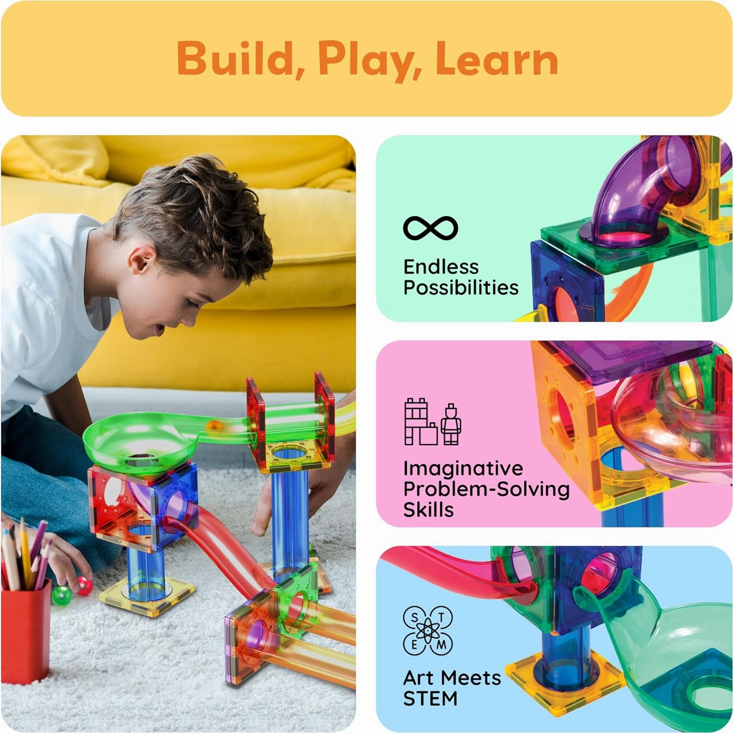 PicassoTiles Magnetic Marble Run Marbles for Kids Race Track Toy Set Marble Maze Sensory Toys for Toddlers STEM Educational Magnet Building Blocks Construction Building Tiles Boys Girls 3 