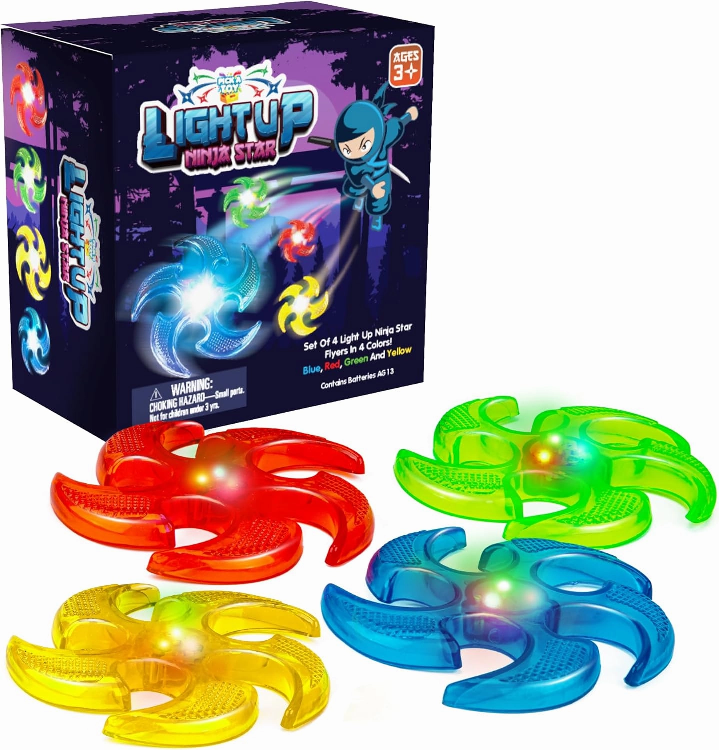 PICK A TOY Light Up Ninja Flyers Set, 4 LED Electronic Stars, Heavy Duty Rubber Throwing Discs, Interactive Kids Toys for Tossing Games and Play, 4 Colors (Red, Blue, Yellow, Green)