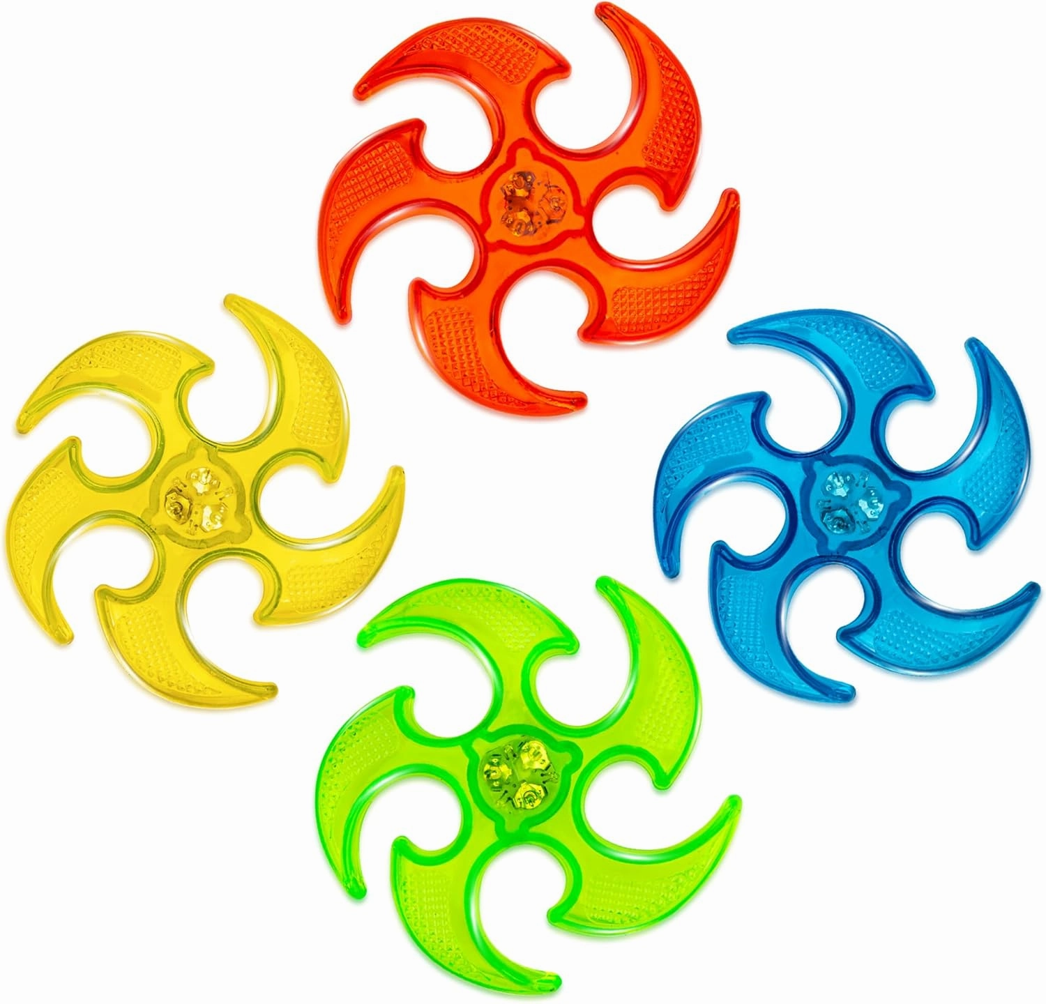 PICK A TOY Light Up Ninja Flyers Set, 4 LED Electronic Stars, Heavy Duty Rubber Throwing Discs, Interactive Kids Toys for Tossing Games and Play, 4 Colors (Red, Blue, Yellow, Green)