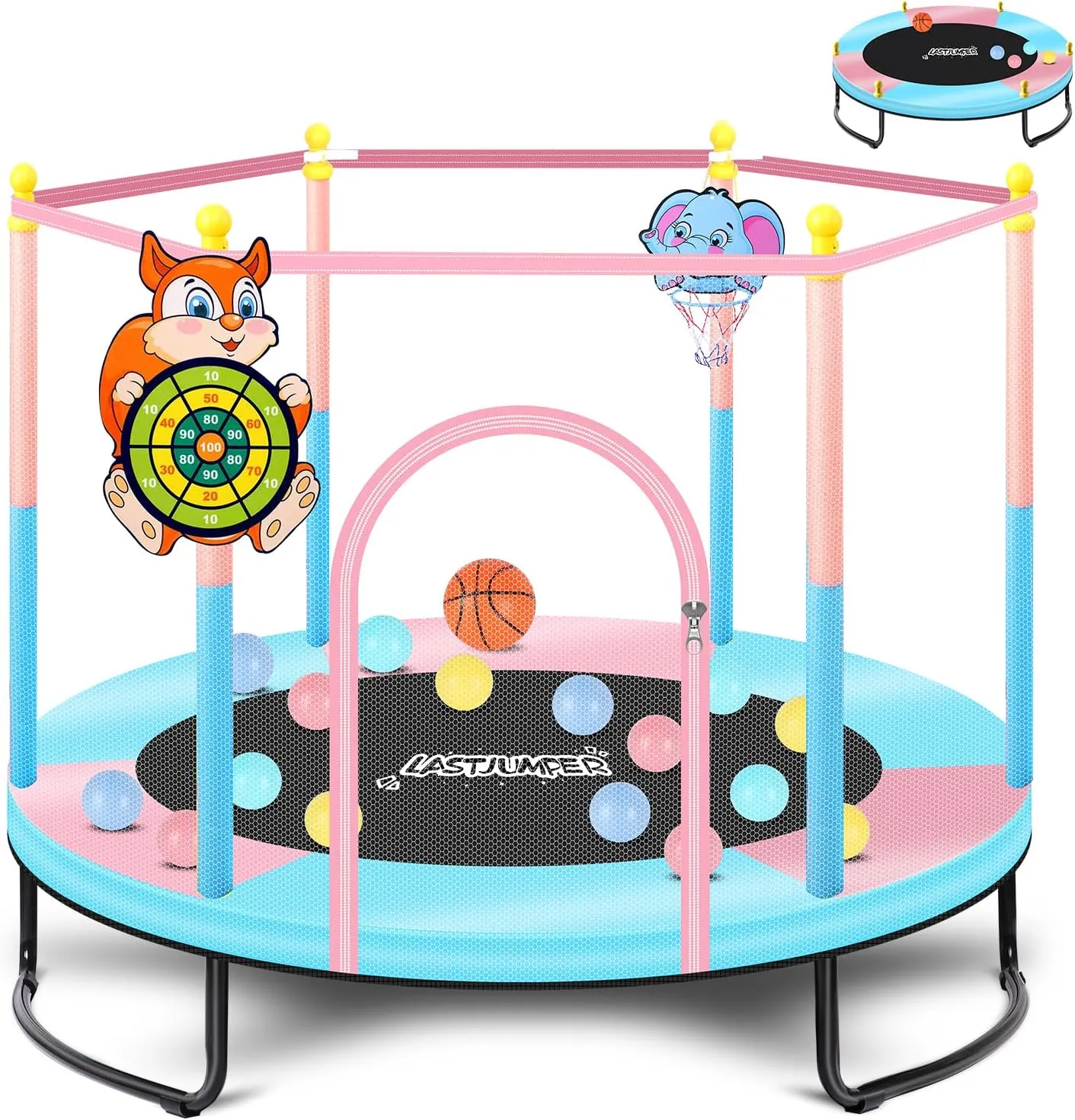 Pink Indoor Trampoline for Kids 2-5, 5ft Mini Indoor & Outdoor Small Toddler Trampoline with Net and Basketball Hoop