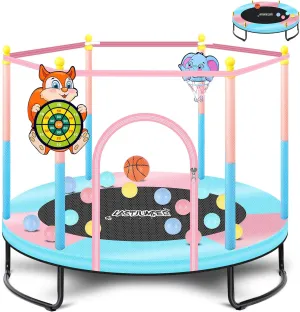 Pink Indoor Trampoline for Kids 2-5, 5ft Mini Indoor & Outdoor Small Toddler Trampoline with Net and Basketball Hoop