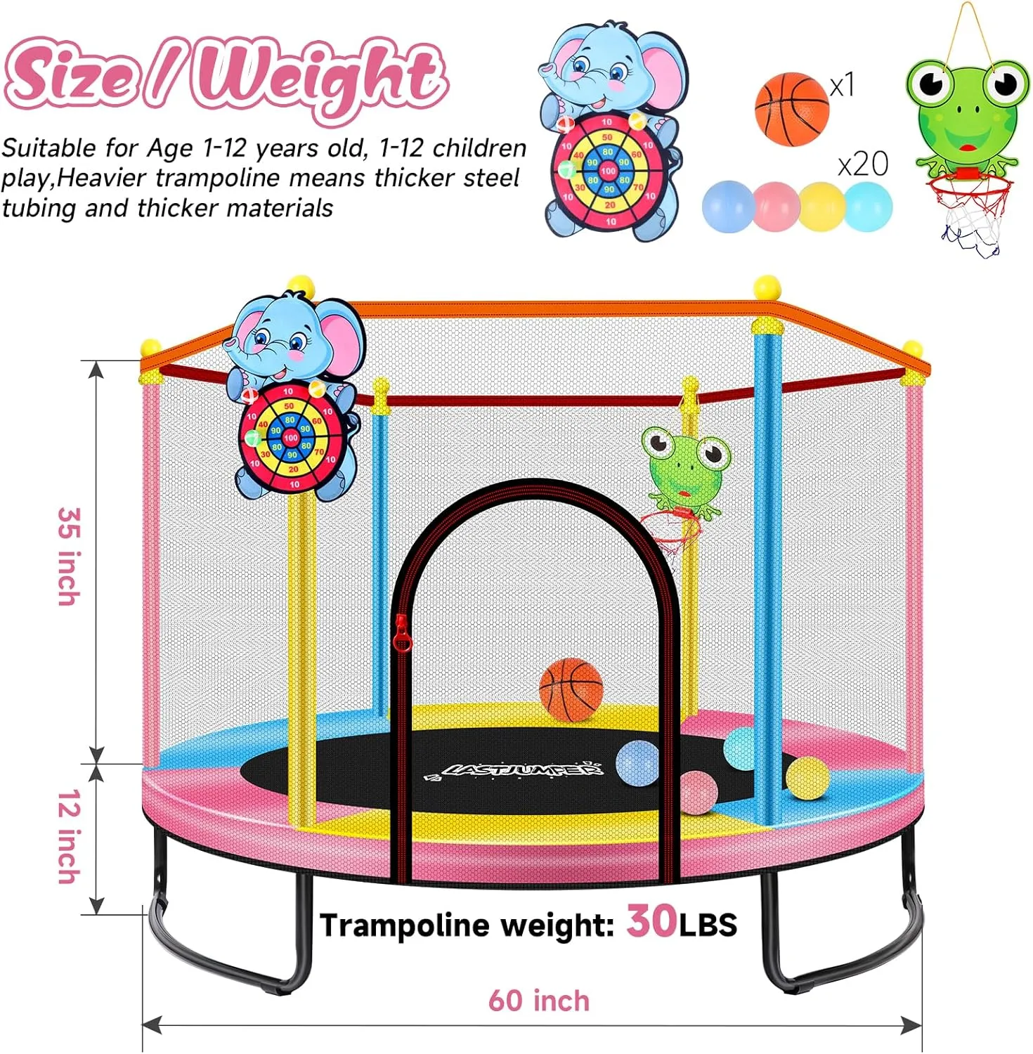 Pink Indoor Trampoline for Kids 2-5, 5ft Mini Indoor & Outdoor Small Toddler Trampoline with Net and Basketball Hoop