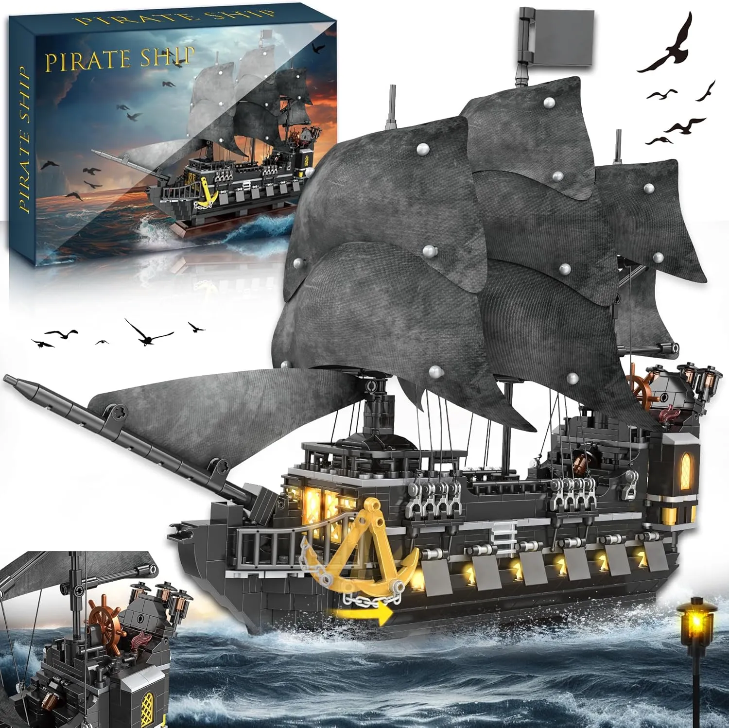 Pirate Ship Building Set for Adults, Sailboat Toy Model Building Kits Home Decor, Black Pirate Boat Toy Easter Christmas Birthday Gifts for Adults Boys, Girls, Age 12 , 1366PCS