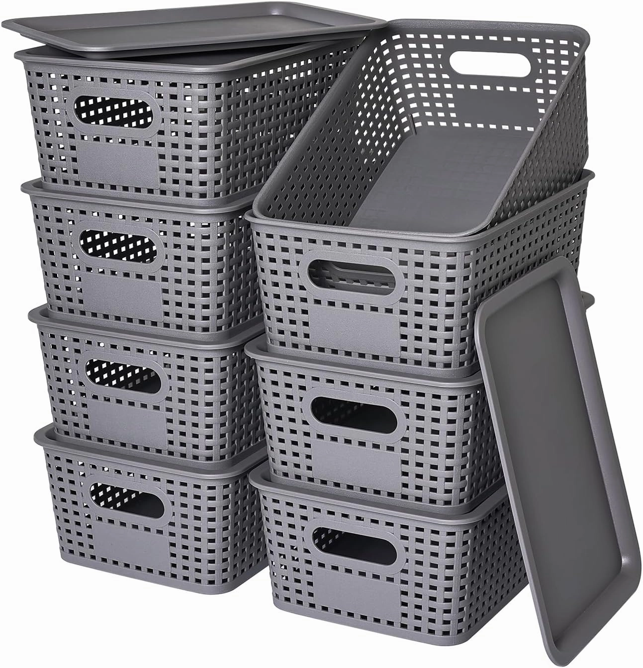 Plastic Storage Baskets with Lid-Plastic Storage Containers Stackable Storage bins: Storage Baskets for Organizing Shelves Drawers Desktop Closet Playroom Classroom Office, 8Pack-Gray,10.2x7.2x4.1Inch