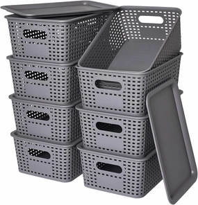 Plastic Storage Baskets with Lid-Plastic Storage Containers Stackable Storage bins: Storage Baskets for Organizing Shelves Drawers Desktop Closet Playroom Classroom Office, 8Pack-Gray,10.2x7.2x4.1Inch
