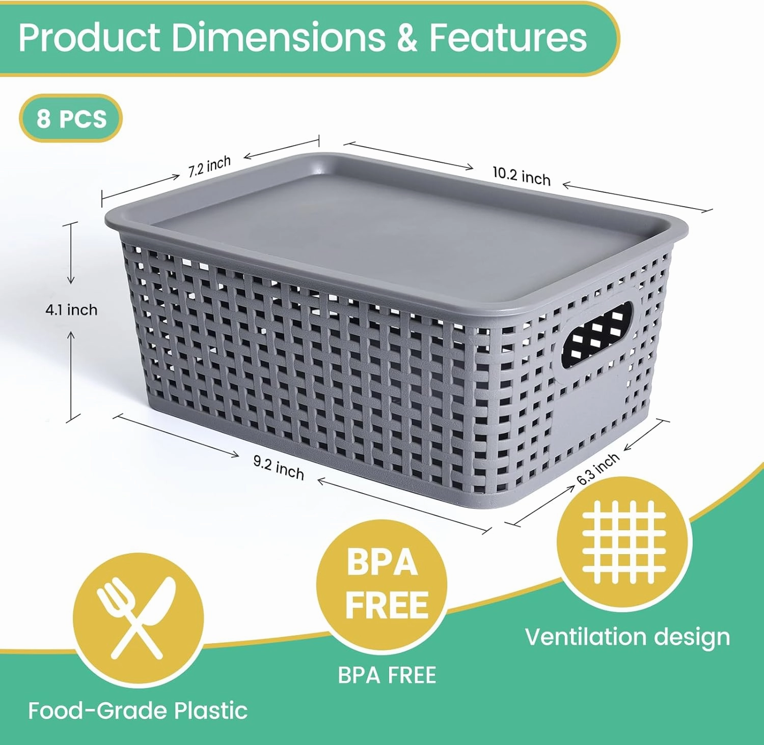 Plastic Storage Baskets with Lid-Plastic Storage Containers Stackable Storage bins: Storage Baskets for Organizing Shelves Drawers Desktop Closet Playroom Classroom Office, 8Pack-Gray,10.2x7.2x4.1Inch