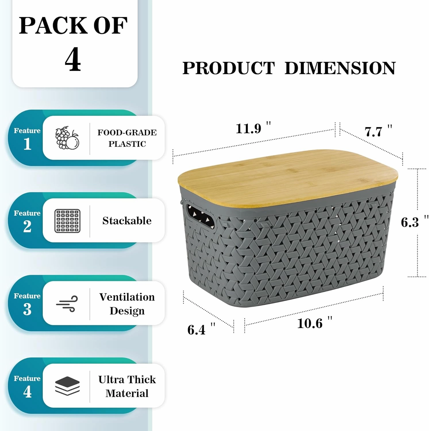 Plastic Storage Bins with Bamboo Lids 4 Packs - Pantry Organization and Storage Containers Storage Baskets: Stackable Storage Bins for Shelves Drawers Closet Office 11.9 x 7.7 x 6.3 inch