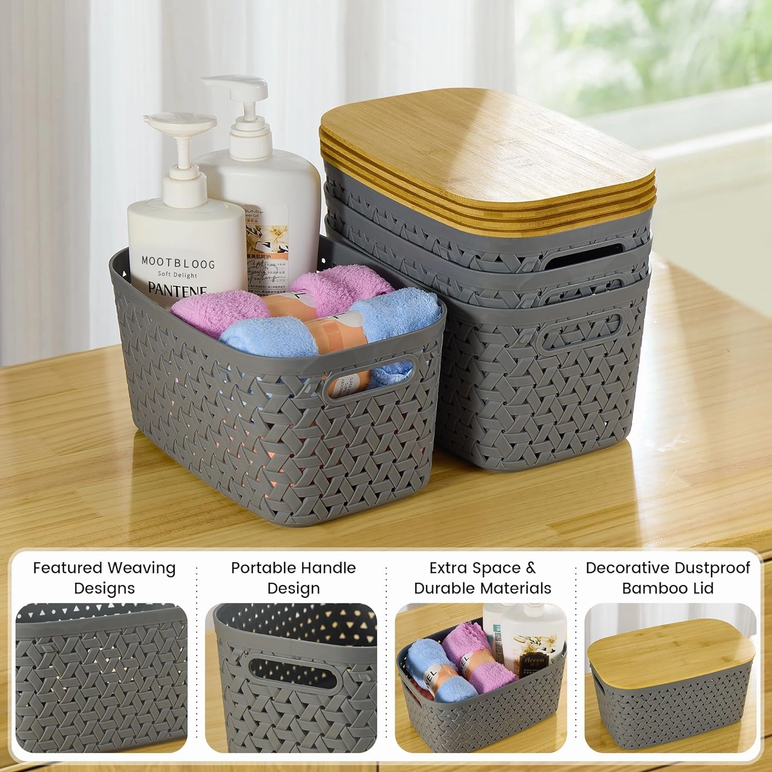 Plastic Storage Bins with Bamboo Lids 4 Packs - Pantry Organization and Storage Containers Storage Baskets: Stackable Storage Bins for Shelves Drawers Closet Office 11.9 x 7.7 x 6.3 inch
