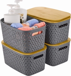 Plastic Storage Bins with Bamboo Lids 4 Packs - Pantry Organization and Storage Containers Storage Baskets: Stackable Storage Bins for Shelves Drawers Closet Office 11.9 x 7.7 x 6.3 inch