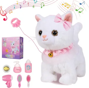 Plush Interactive Toy Cat for Kids, with Leash Walking, Meowing, Touch Control, and Wags Tail Plush Toy Kitty Electronic Cat Pet, Best Gift for Girl Kid (White cat)