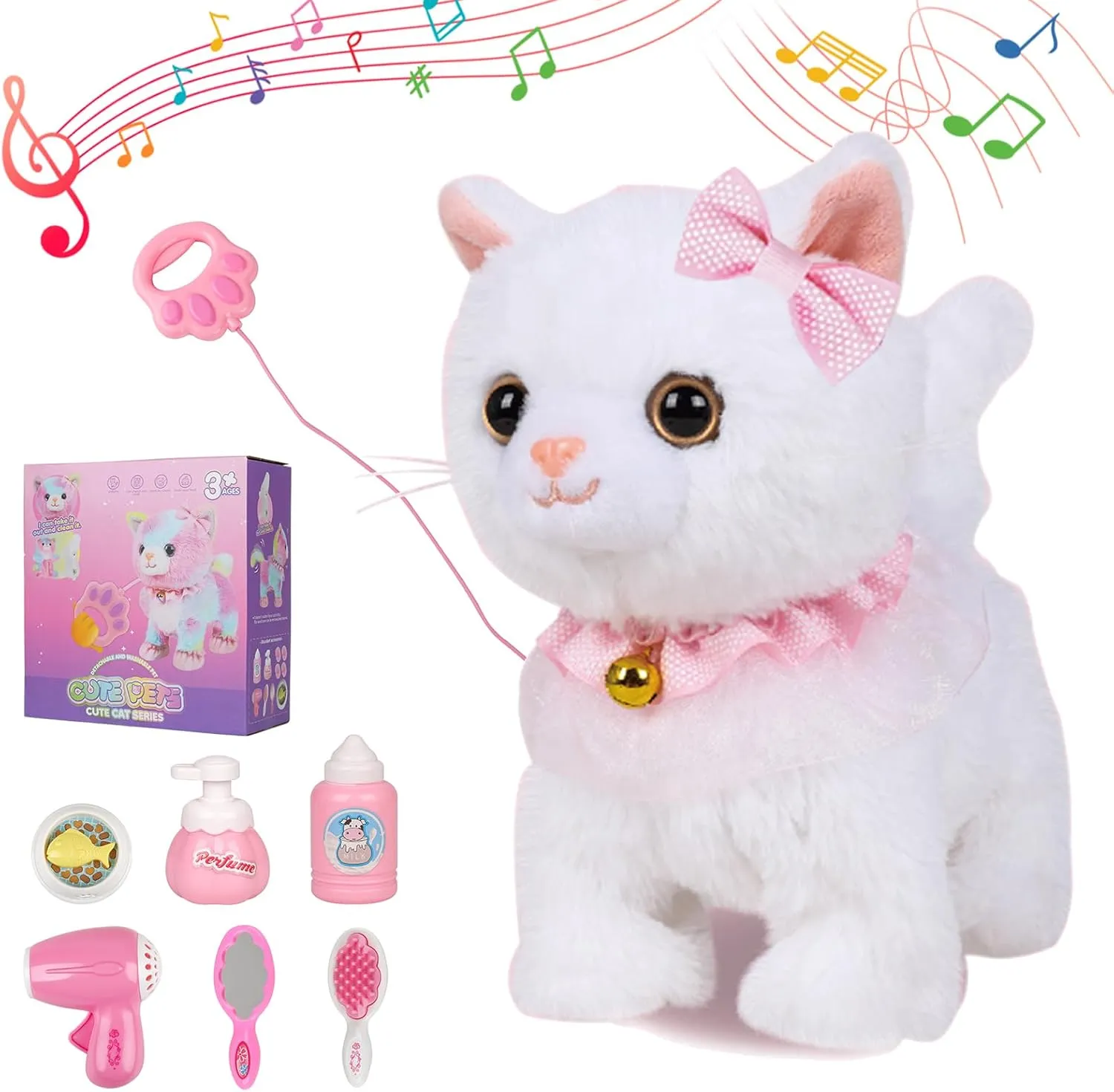 Plush Interactive Toy Cat for Kids, with Leash Walking, Meowing, Touch Control, and Wags Tail Plush Toy Kitty Electronic Cat Pet, Best Gift for Girl Kid (White cat)