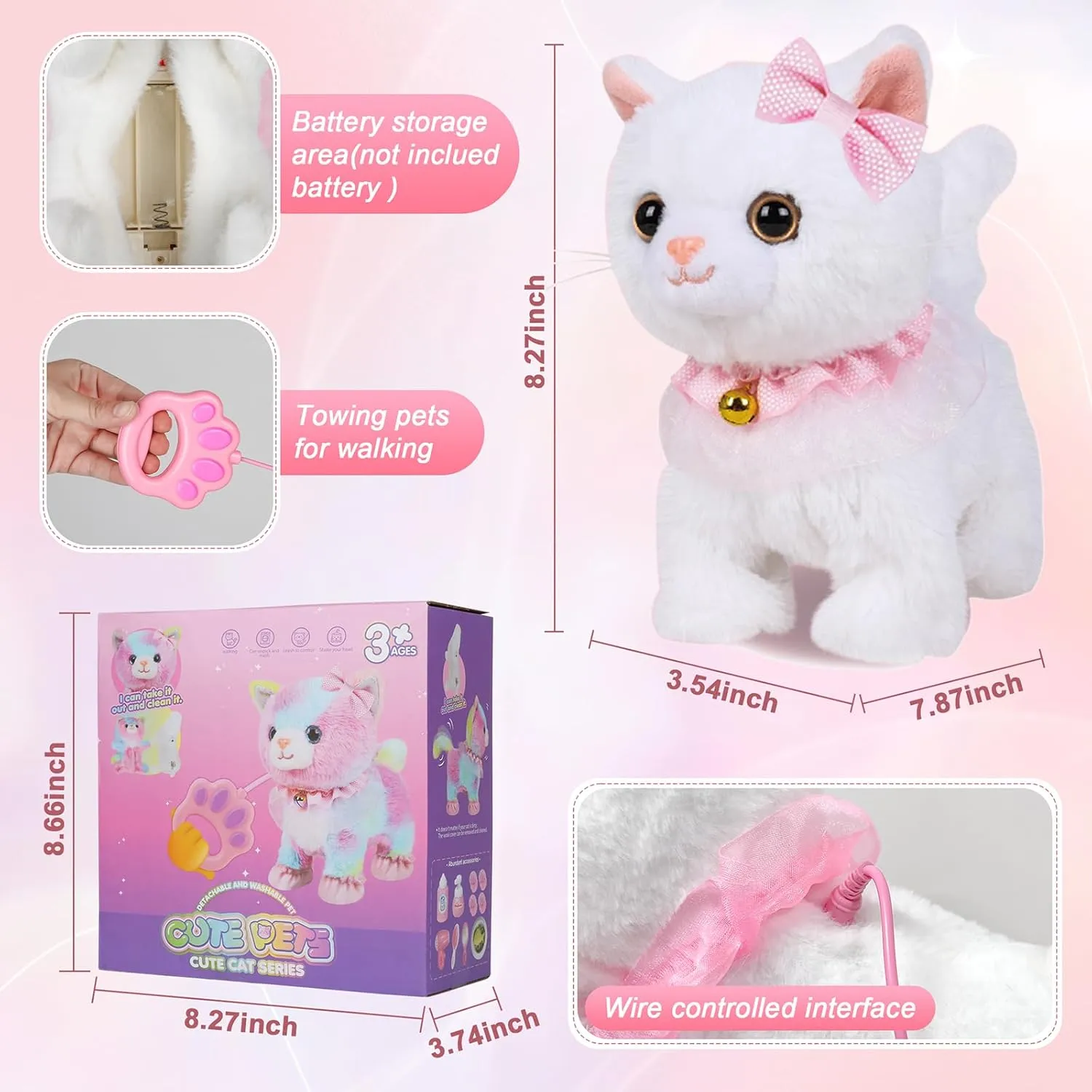 Plush Interactive Toy Cat for Kids, with Leash Walking, Meowing, Touch Control, and Wags Tail Plush Toy Kitty Electronic Cat Pet, Best Gift for Girl Kid (White cat)