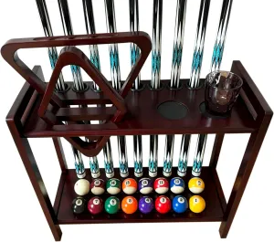 Pool Stick Holder Floor Stand Holds 9 Cues & Pool Table Accessories. Wooden 2-Tier Cue Stick Storage with Ball Rack Hangers, Billiard Cone Chalk Holder or Drink Pads