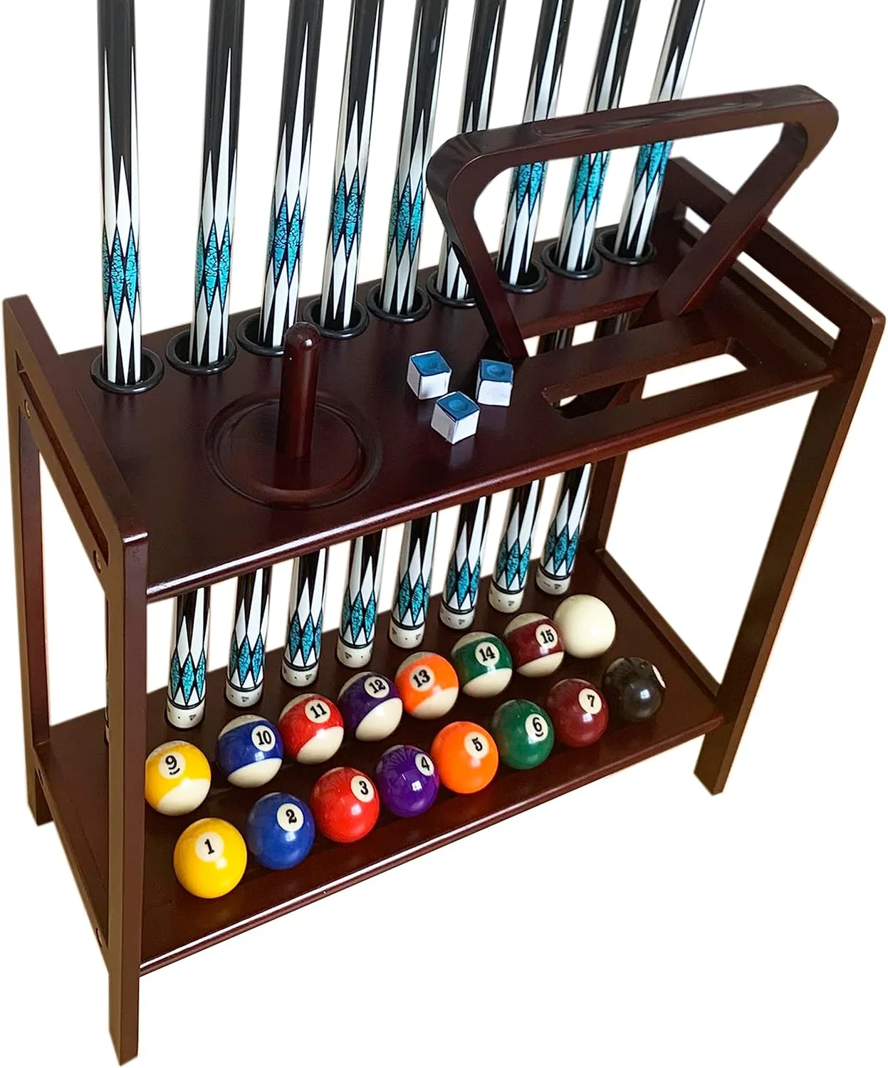 Pool Stick Holder Floor Stand Holds 9 Cues & Pool Table Accessories. Wooden 2-Tier Cue Stick Storage with Ball Rack Hangers, Billiard Cone Chalk Holder or Drink Pads