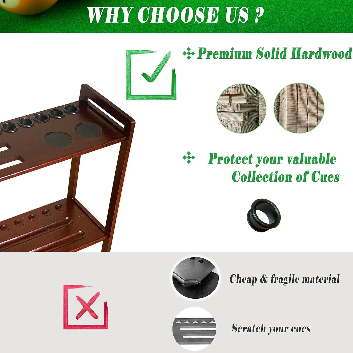 Pool Stick Holder Floor Stand Holds 9 Cues & Pool Table Accessories. Wooden 2-Tier Cue Stick Storage with Ball Rack Hangers, Billiard Cone Chalk Holder or Drink Pads