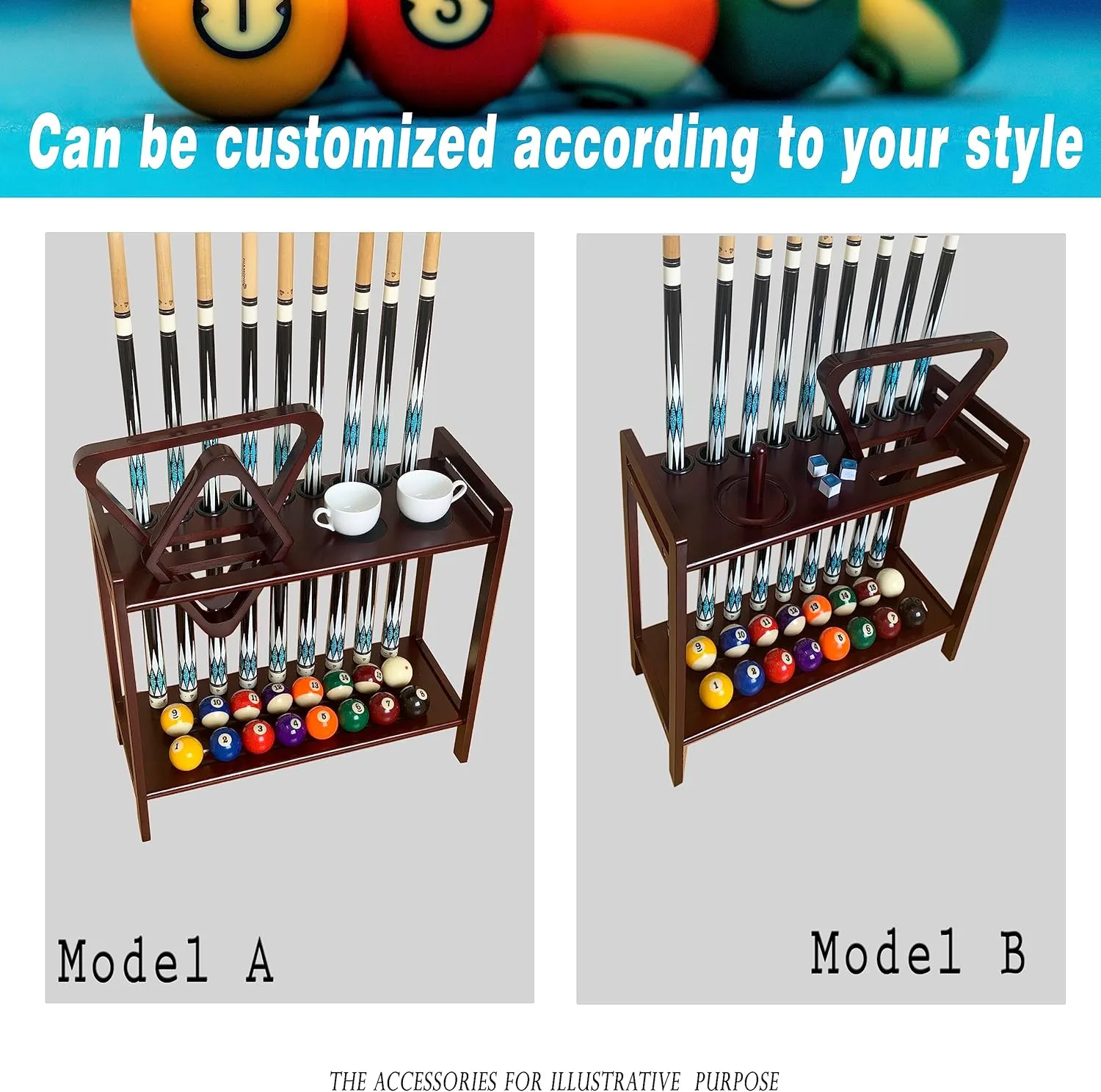 Pool Stick Holder Floor Stand Holds 9 Cues & Pool Table Accessories. Wooden 2-Tier Cue Stick Storage with Ball Rack Hangers, Billiard Cone Chalk Holder or Drink Pads
