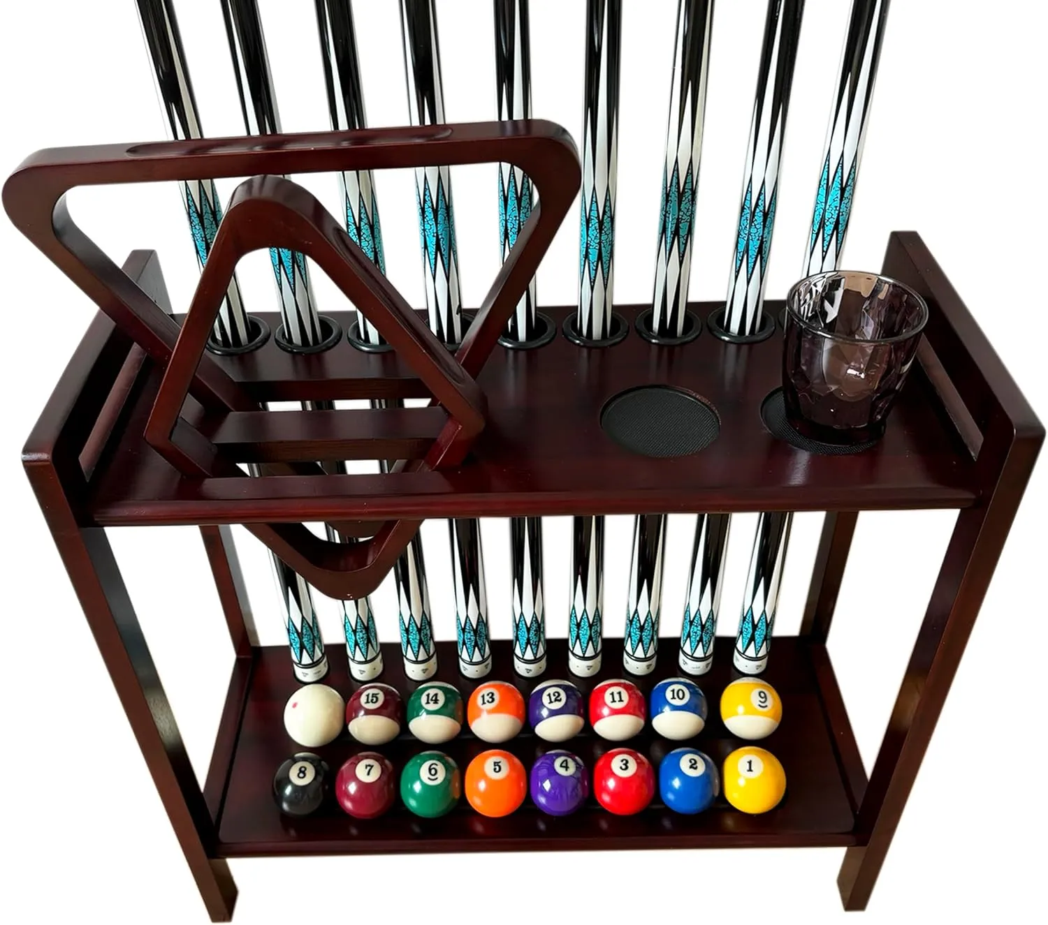Pool Stick Holder Floor Stand Holds 9 Cues & Pool Table Accessories. Wooden 2-Tier Cue Stick Storage with Ball Rack Hangers, Billiard Cone Chalk Holder or Drink Pads