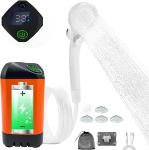 Portable Shower for Camping Shower Outdoor Camp Shower Pump 6000mah USB with Intelligent Digital Display Camping Shower Head Nozzle Camping Shower Kit Perfect for Camping, Hiking, Washing, Pet Bath